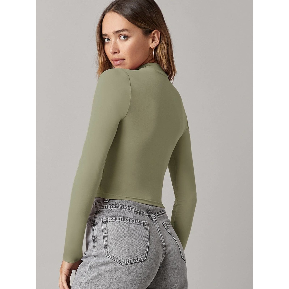 Long sleeve Mock Neck Solid Crop Tee shirt gray - Picture 8 of 13